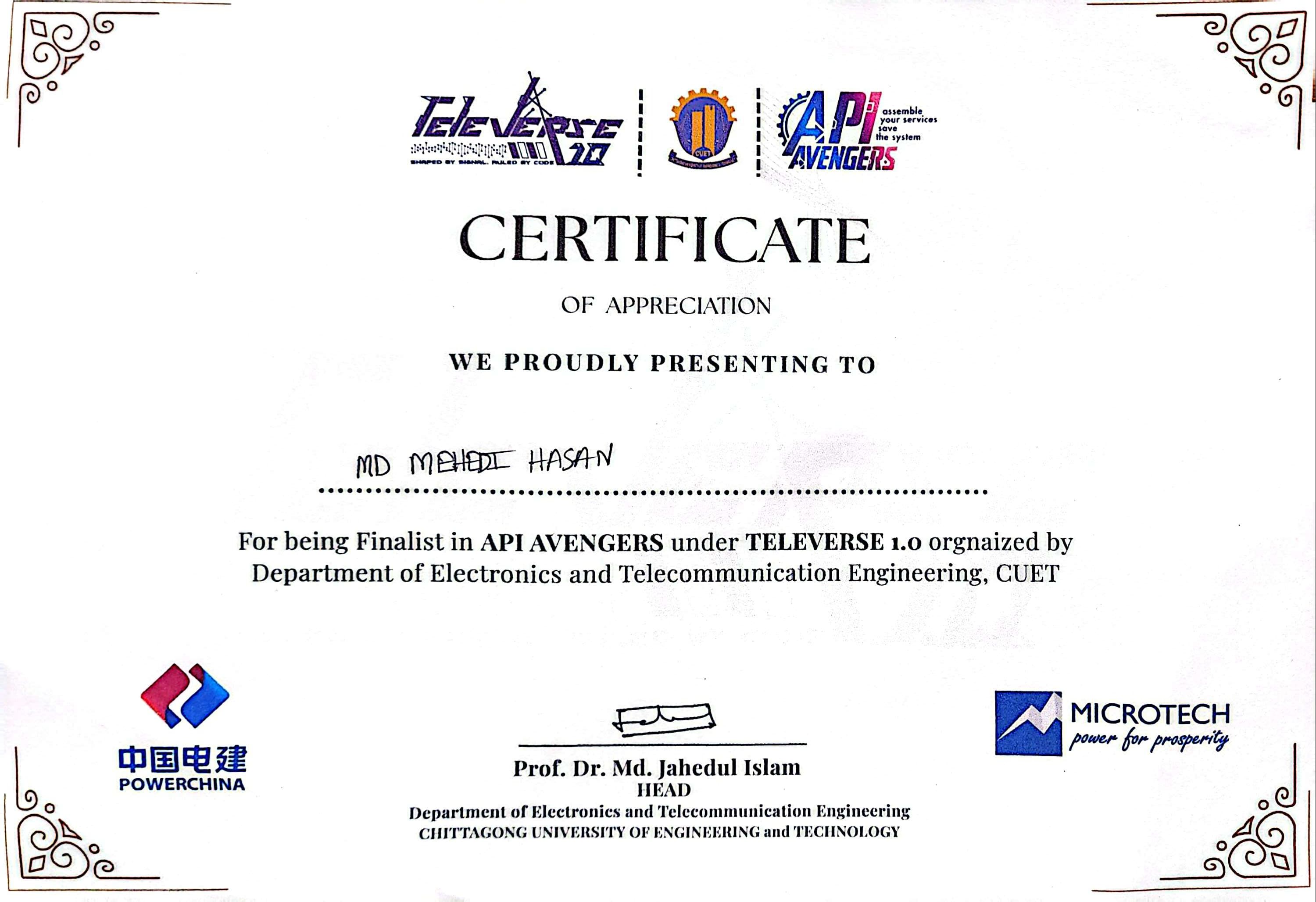 Certificate of Appreciation - API AVENGERS Finalist